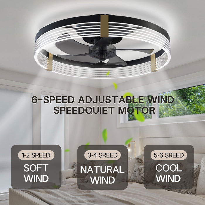 Low Profile Ceiling Fan with Lights: Flush Mount Ceiling Fans with Lights and Remote Control, Dimmable LED 3 Color 6 Speeds Timing Reversible Blades Modern Ceiling Fans for Bedroom Living Room, Black