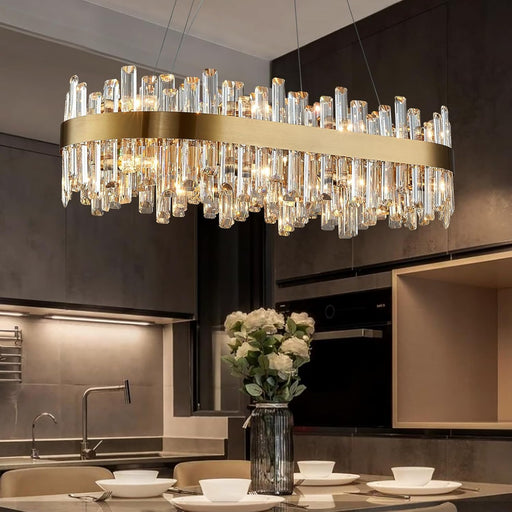 Modern Crystal Chandelier 16 Lights Rectangular Gold 2-Tiers Raindrop Crystal Chandelier Oval Adjustable Hanging Pendant Ceiling Light Fixture for Dining Living Room Kitchen Island 35.4 Inch