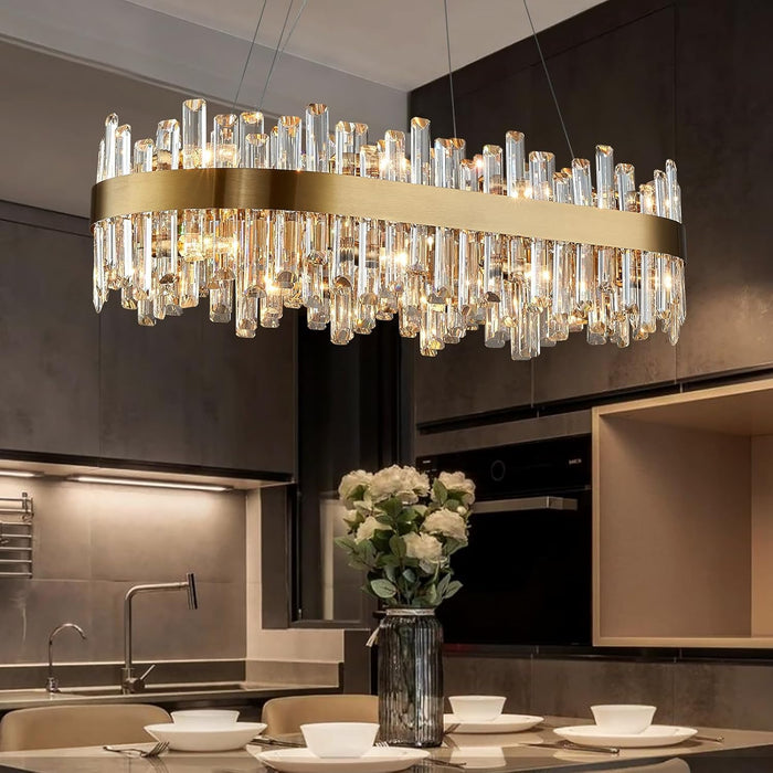 Modern Crystal Chandelier 16 Lights Rectangular Gold 2-Tiers Raindrop Crystal Chandelier Oval Adjustable Hanging Pendant Ceiling Light Fixture for Dining Living Room Kitchen Island 35.4 Inch