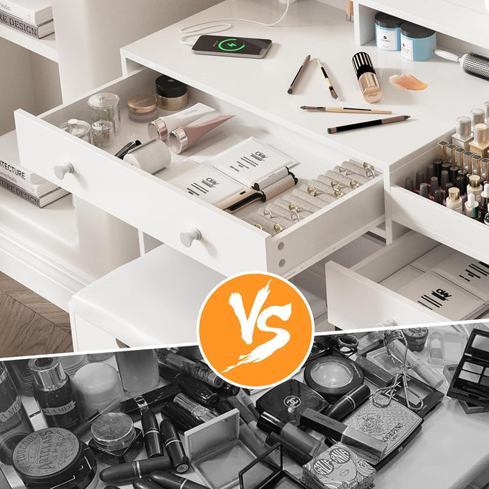 Vanity with Mirror and Lights, Makeup Vanity Table with Charging Station, Cute Vanity Set with Comfortable Bench, Dressing Table with 3 Storage Compartments, 39.8Inch, White