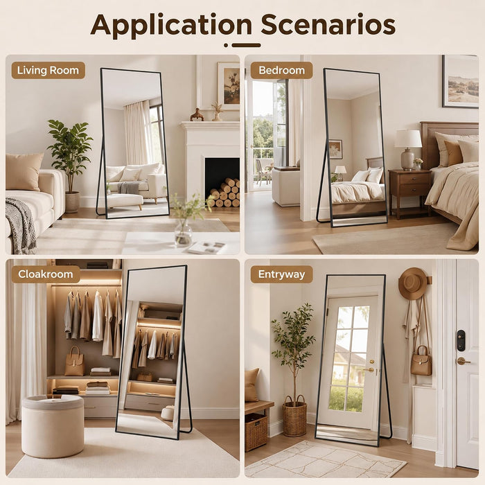 76"×34" Full Length Wall Mounted Hanging Mirror, Aluminum, Black