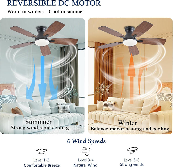Ceiling Fans with Lights, 42 Inch Low Profile Ceiling Fan with Light and Remote Control, Flush Mount, DC Reversible Motor, Noiseless, Brown 6 Speeds Ceiling Fan for Bedroom