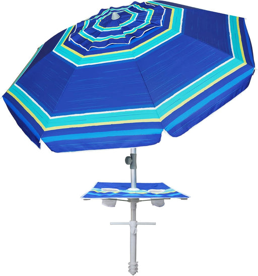 7Ft Heavy Duty High Wind Beach Umbrella with Sand Anchor, Built-In Table Tray & Tilt Pole, UPF 50+ Windproof Portable Outdoor Umbrellas Carry Bag for Patio Garden Pool Backyard Stripe