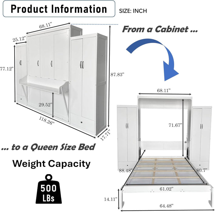 Queen Size Murphy Bed with Desk & One Slide Storage Shelf & 68-Inch Wall Bedframe Folding into Cabinet Design,For Small Space,Bedroom,Guest Room, White