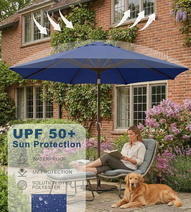 Patiokingdom 9FT Patio Outdoor Umbrella-Upf 50+ Sun Shade with Wind Vent, Push-Button Tilt & Smooth Crank Lift, Rust-Resistant Fiberglass Frame for Garden, Backyard,Yard