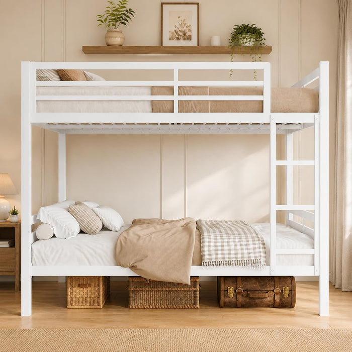 Metal Bunk Bed Full over Full with Ladder and High Guardrail, Heavy-Duty Metal Slats Support, Noise Free, No Box Spring Needed, for Kids and Juniors, White