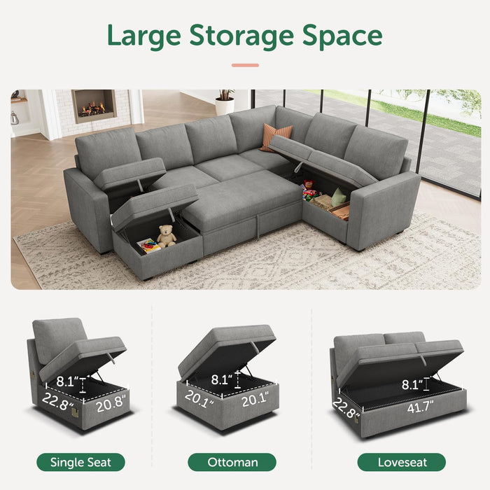 Modular Sectional Sleeper Sofa U-Shaped, Warm Grey