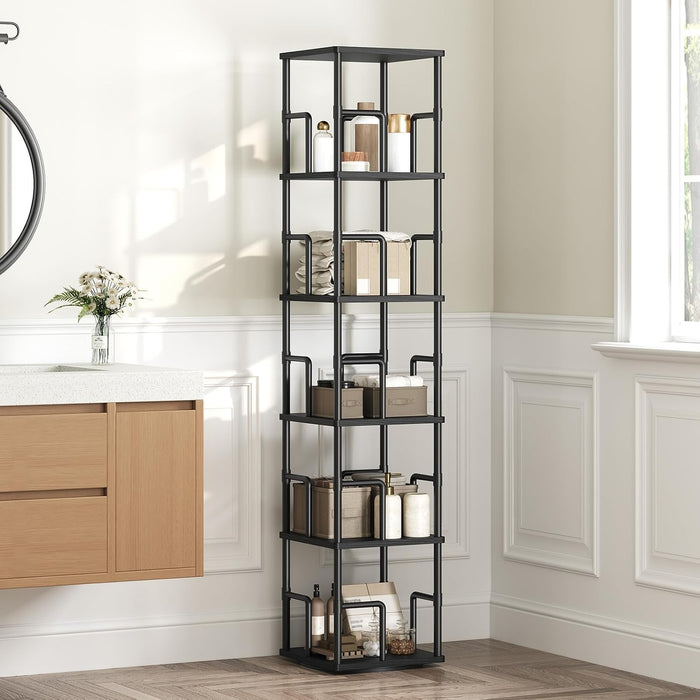 5-Tier Rotating Bookshelf, Freestanding Corner Bookshelf, 360° Spinning Bookcase, Industrial Style Storage Rack with Rails, for Living Room, Bedroom, Study, Black BKBK1601