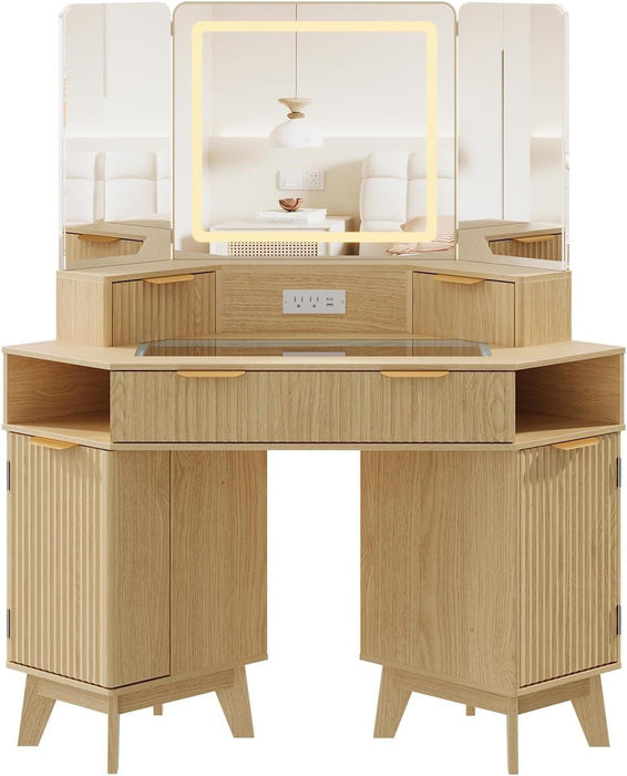 48 in Fluted Makeup Vanity Desk, Large Lighted Corner Vanity with HD Triple Mirror and Lights, Dressing Table with Glass Top & Charging Station for Bedroom