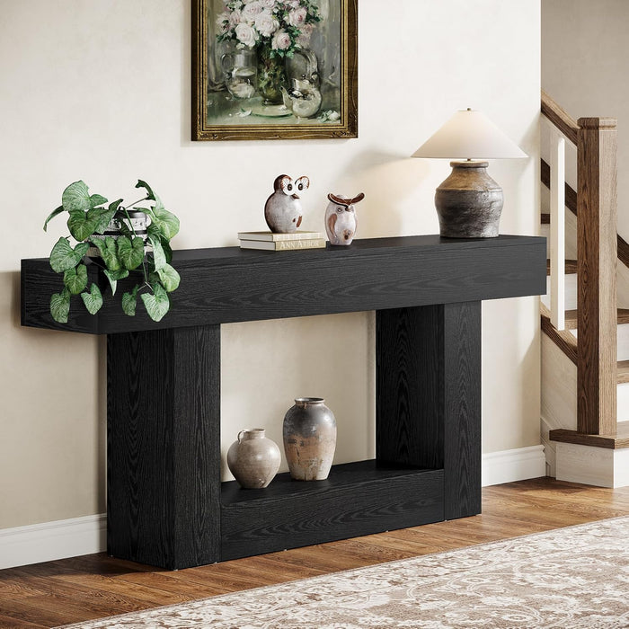63" Console Table, Farmhouse 2-Tier Entryway Table with U-Shaped Base, Narrow Long Wood Sofa Table behind Couch Table for Living Room, Hallway, Foyer, Black