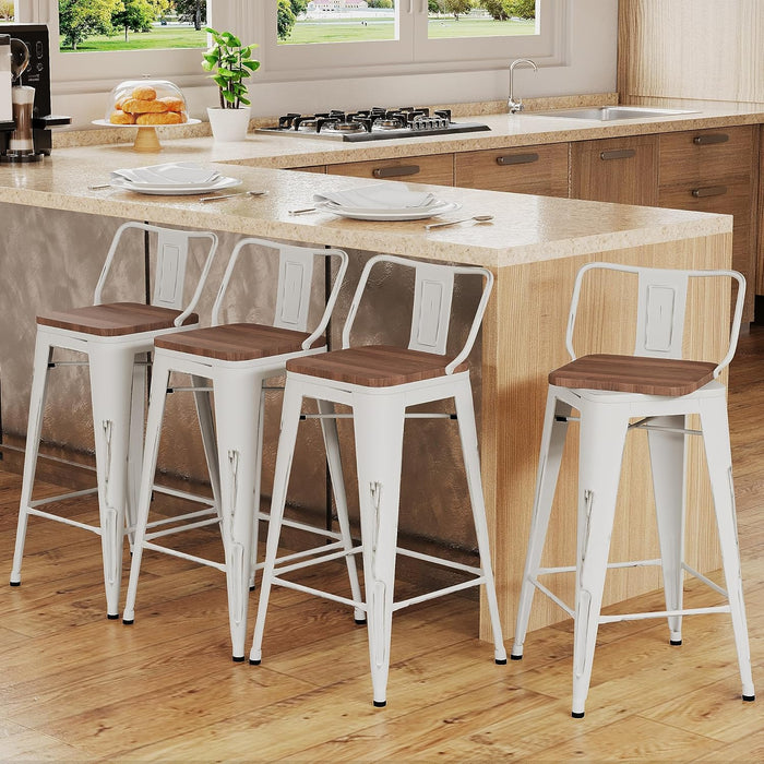 24" Swivel Metal Barstools Set of 4, Counter Height Bar Stools Industrial Bar Chairs with Modern Wooden Top-Low Back, Distressed White