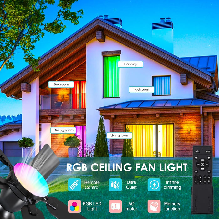 Ceiling Fans with Lights- 46" RGB Low Profile Indoor Ceiling Fan with Light and Remote/App Control, Flush Mount, LED Dimmable DC Reversible Modern Ceiling Fan for Bedroom（Black