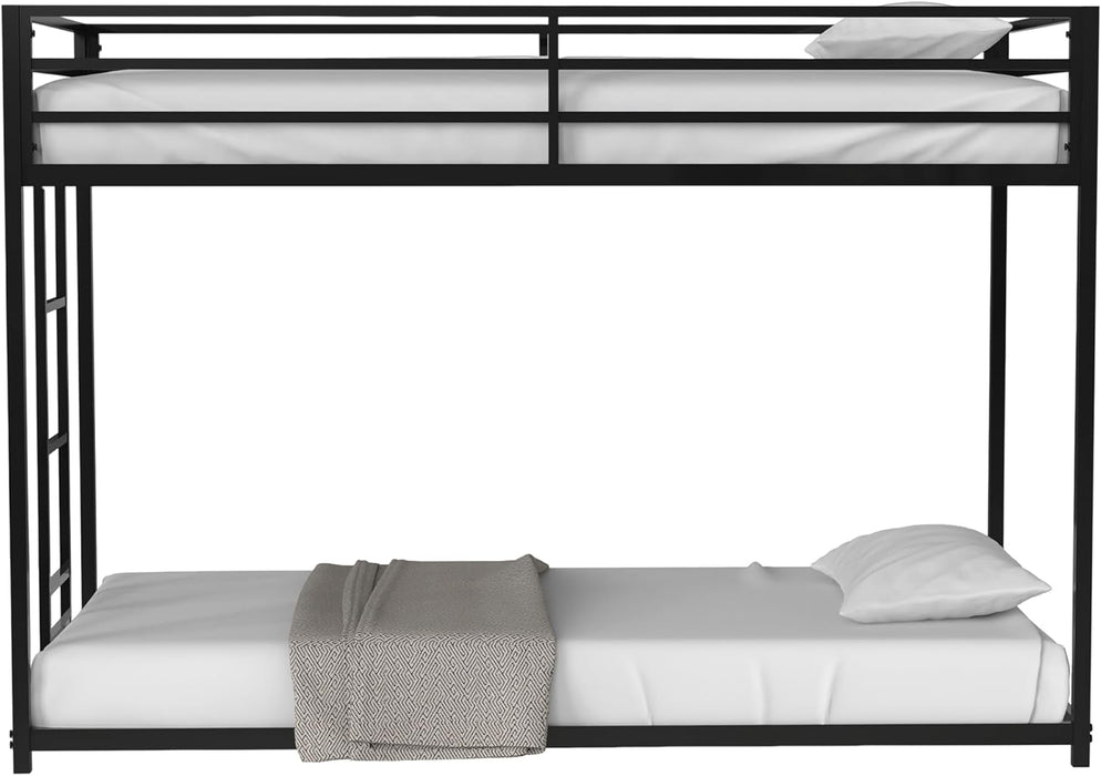 Twin Bunk Bed with Stable Ladder, Twin over Bed Frame with Full-Length Guardrail, Low Platform Bed Frame for Adults, Teens, Boys,Girls, No Box Spring Needed, Black