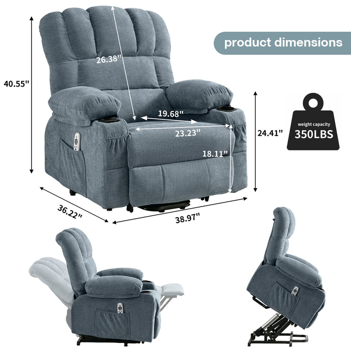 Power Lift Recliner Chair for Elderly, Electric Recliners with Heat and Massage, USB Charge Port, Cup Holders, Infinite Position and Side Pockets, Fabric Single Sofa for Living Room, Blue