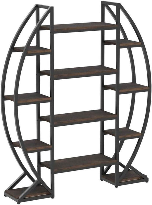 Oval Bookshelf, Triple Wide 5 Tier Etagere Bookcase, Industrial Display Shelves for Living Room (Brown, 55")