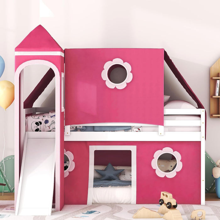 Pink Twin Loft Bed With Slide Integratedguardrails