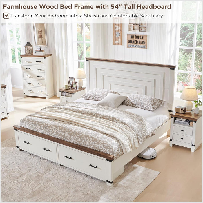 Farmhouse King Size Wood Bed Frame with 54" Tall Geometric Headboard, 2 Large Storage Drawers, Solid Wood Slats Support, Noise Free, No Box Spring Needed, Antique White