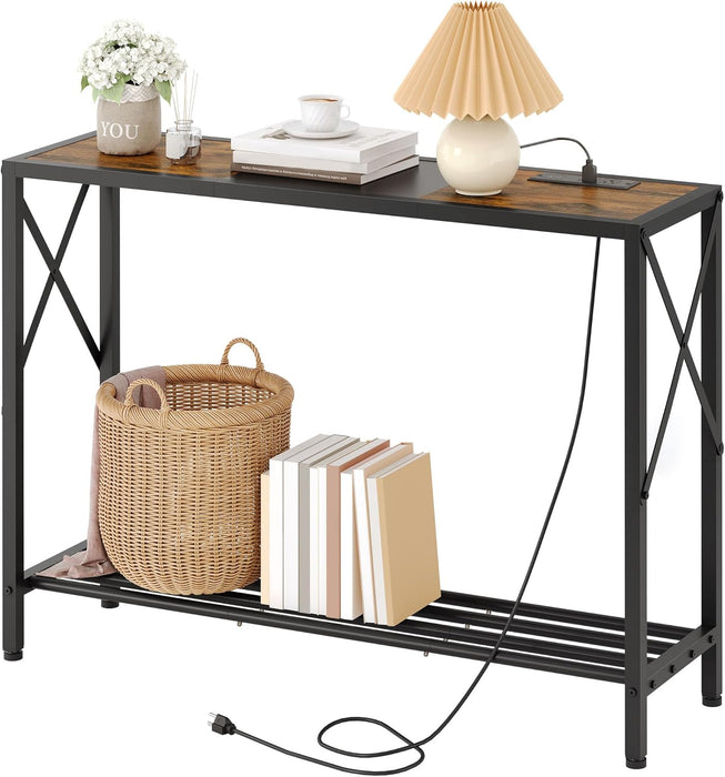 Console Table with Charging Station, 41.8" Entryway Table with Shelves, 2-Tier Narrow Sofa Table, Long behind Couch Table, for Entryway, Foyer, Living Room, Hallway, Brown & Black