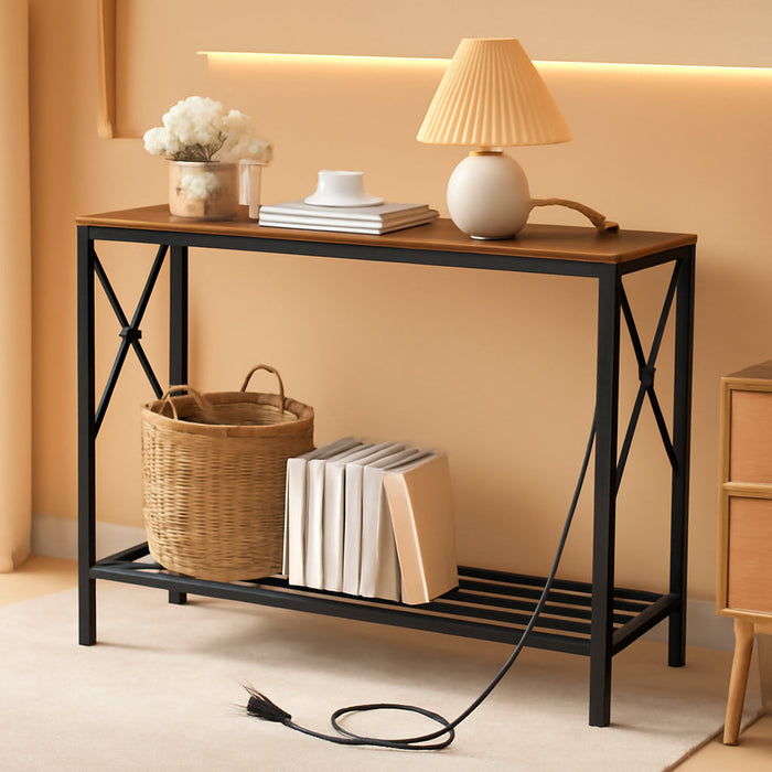 Console Table with Charging Station, 41.8" Entryway Table with Shelves, 2-Tier Narrow Sofa Table, Long behind Couch Table, for Entryway, Foyer, Living Room, Hallway, Brown & Black