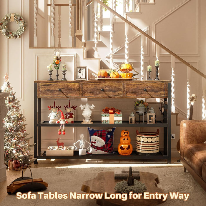 47'' Entryway Table with Outlets and USB Ports, Console Table with 3 Drawers, Sofa Table Narrow Long with Storage Shelves for Living Room, Couch, Hallway, Foyer, Kitchen Counter, Rustic Brown