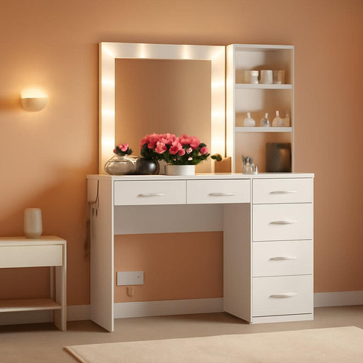 39 Inches White Vanity Desk with Lights, 6-Drawers Makeup Vanity Table with Power Strip and Storage Shelves, Dressing Table with Lighted Mirror for Women Girls