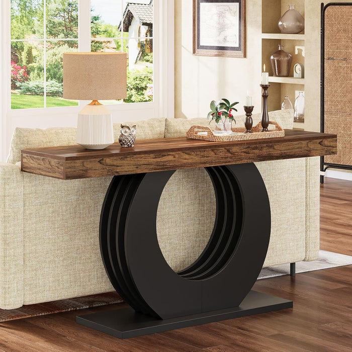 63-Inch Console Sofa Table, Rustic Industrial Farmhouse Entryway Table, Narrow Long Couch Console behind Sofa with Black Circle Base for Living Room Hallway, Rustic Brown