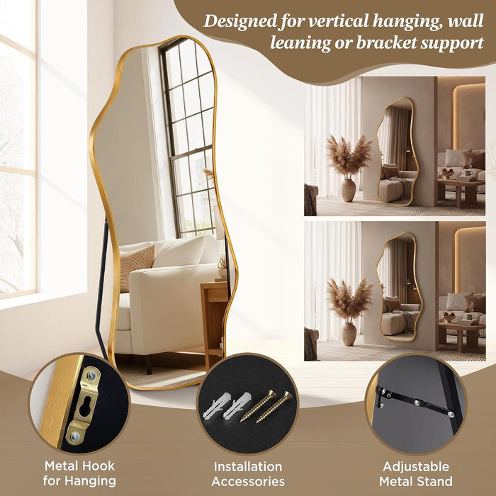 Irregular Full Length with Stand-Standing Leaning Hanging 62.2"X22.8" Gold Asymmetrical Aluminum Frame Decorative Full Body Mirror for Living Room,Bedroom,Cloakroom,Entryway