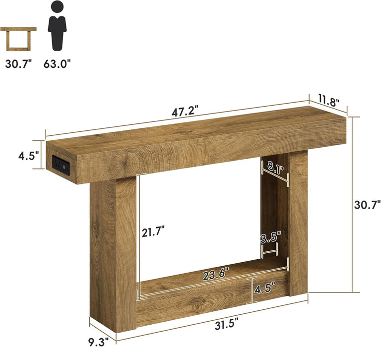 47.2" Farmhouse Wood Entryway Table with Outlet, 2-Tier Console Table with Sensor Light behind the Couch Sofa, Entrance Side Table for Hallway/Living Room/Foyer, Natural Oak