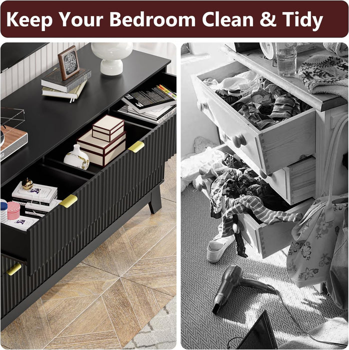 Black Dresser 9 Drawer Dresser for Bedroom, 57''Wide Fluted Wooden Dresser Storage Cabinet and Chest of Drawers with Metal Handle, Storage Organizer for Living Room, Hallway, Entryway