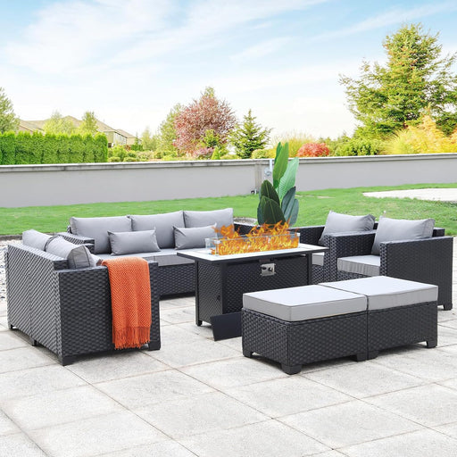 7 PCS Outdoor Furniture Sets 60000BTU 45-Inch Outdoor Propane Fire Pit Table Patio Furniture Set No-Slip Cushions and Waterproof Covers, Light Grey