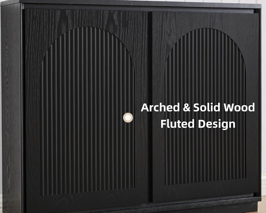 39" Black Real Wood Veneer Narrow Sideboard Buffet Storage Cabinet