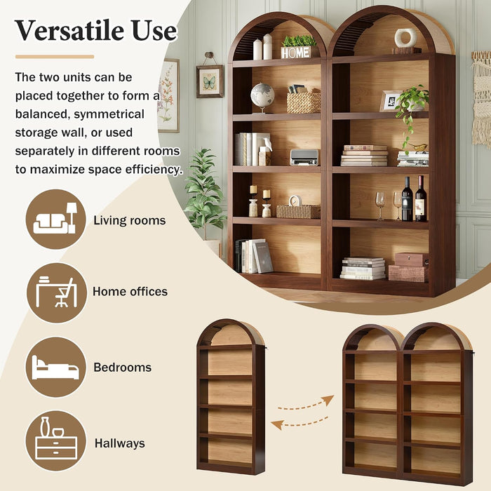 Farmhouse Bookshelf Set of 2, Freestanding Tall Bookcase with Two-Tone Finish & Fabric Arched Top, 5-Tier Open Storage Cabinet for Living Room, Home Office, Bedroom, Walnut