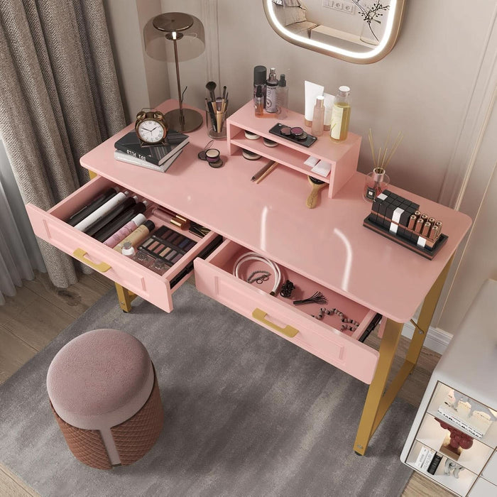 Vanity Desk with 2 Drawers and Storage Shelf, Modern Makeup Table with Glossy Desktop, Gold Metal Frame Writing Desk for Bedroom or Home Office, No Mirror