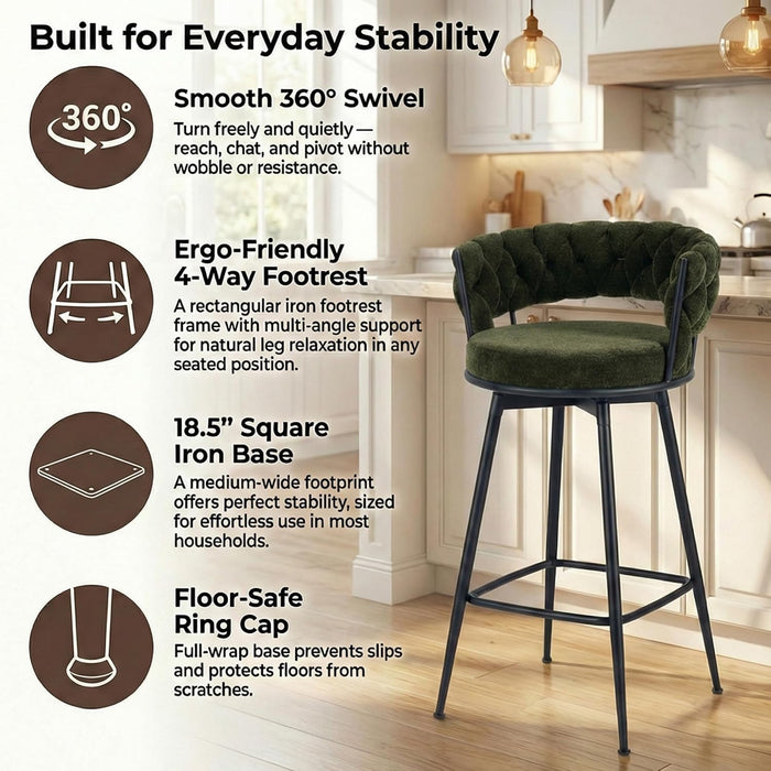 Bar Stools Set of 2 Upholstered Kitchen Counter Height Barstool Green | Chenille Fabric Foam Cushion with Woven Back, 28.8" High Comfy Modern & Farmhouse Swivel Breakfast Bar Islands Chairs, 300Lb