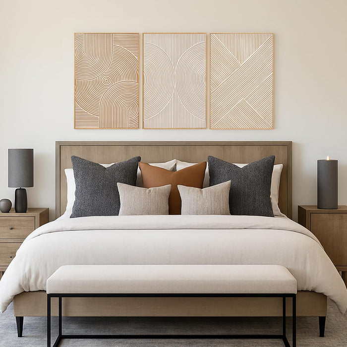 Neutral Minimalist Textured 3D Wall Art Abstract Hand-Painted Framed Wall Decor Geometric Artwork Canvas Paintings- Living Room Bedroom Office - Modern Boho Neutral Line 16"X24" 3 Piece