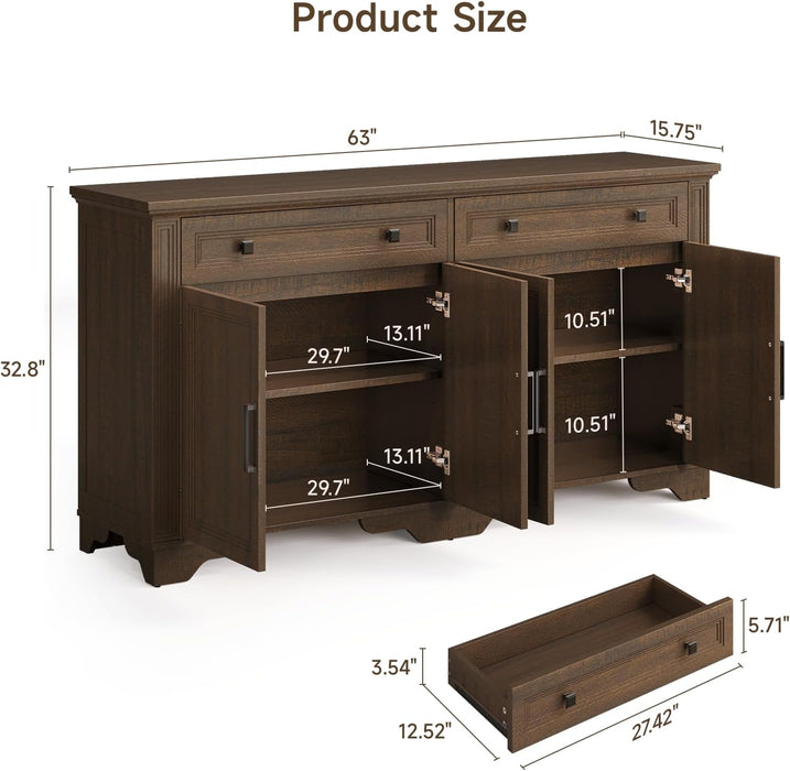 63" Sideboard Buffet Cabinet, Kitchen Buffet Storage Cabinet, Large Credenza with Drawers & Doors, Wood Coffee Bar Console Wine Bar for Living Room Hallway Brown
