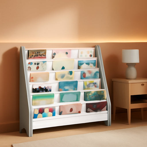 6-Tier Kids Bookshelf, Kids Sling Bookcase, Magazine and Book Storage Rack, Large Capacity Book Organizer, Book Shelf for Kids Room, Bedroom, Nursery, Playroom, White and Gray MCW07WG