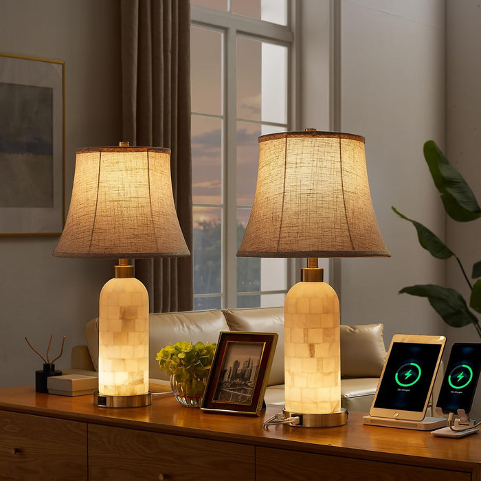 25" Natural Alabaster Table Lamps Set of 2 with LED Night Light