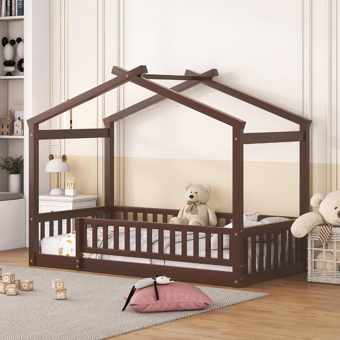 Montessori Floor Twin Bed Kids NoBoxSpring WalnutFinish