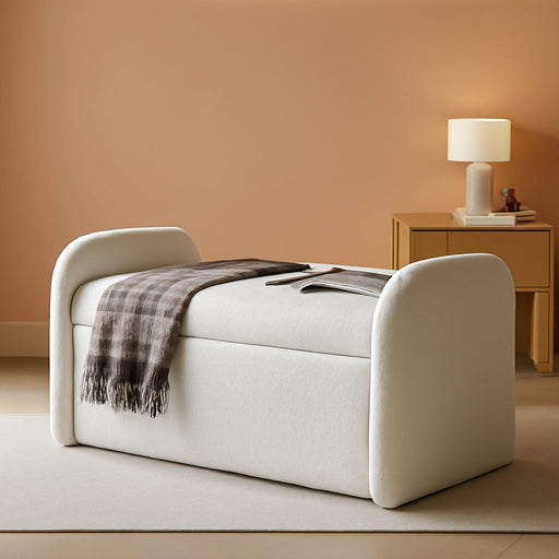 Sophie 51" Ottoman Storage Bench, Entryway and Window Seating, End of Bed Curved Stool for King & Queen Bed, Storage Chest for Bedroom (Pearl White Boucle)