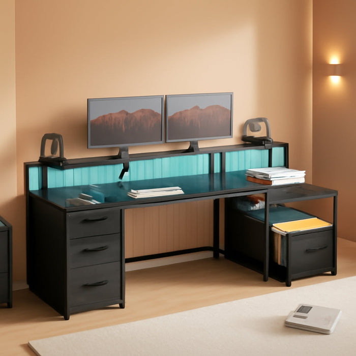 Computer Desk with 5 Drawer, Power Outlet & Led Lights, 66'' Home Office Desk with File Drawer, Storage, Monitor Shelf, Gaming Desk, Black