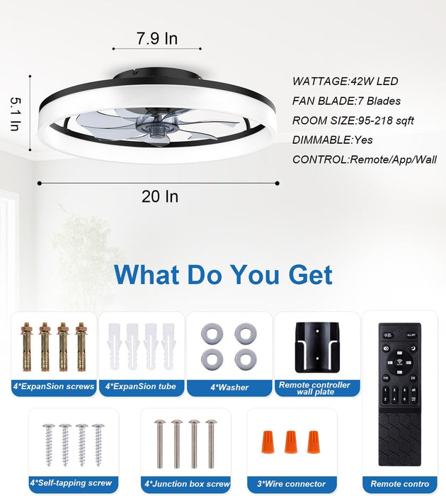 Ceiling Fans with Lights and Remote, 20" Fandelier Ceiling Fan Flush Mount, 3000K-6500K Smart Bladeless LED Fan Light, Modern Low Profile Ceiling Fan with Light for Bedroom, Kids Room and Living Room.