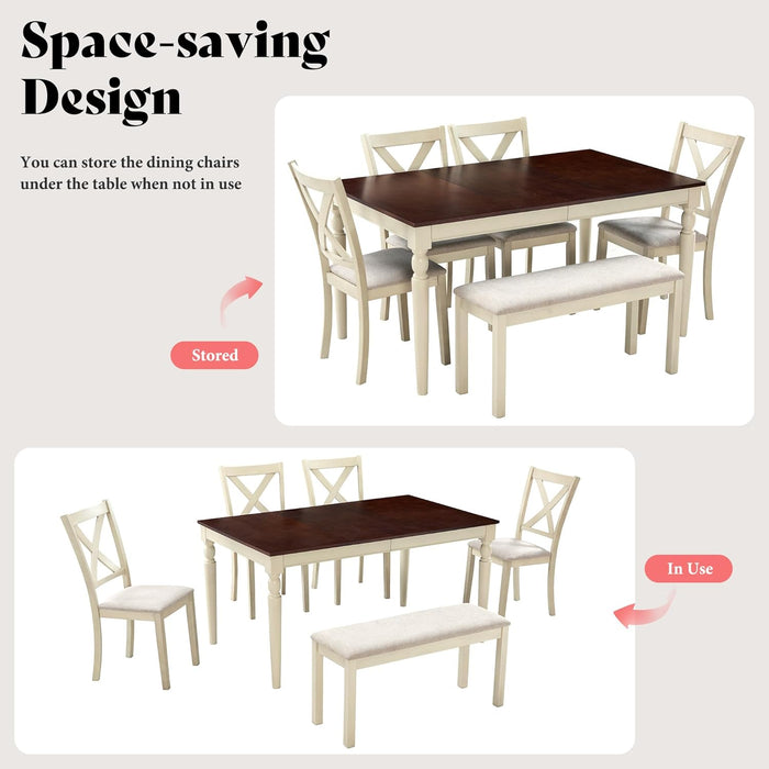 6-Piece Farmhouse Dining Table Set, 60” Solid Wood Table, 4 Upholstered Chairs and Bench, Rustic White and Walnut Finish, Seating for 6, for Kitchen or Dining Room