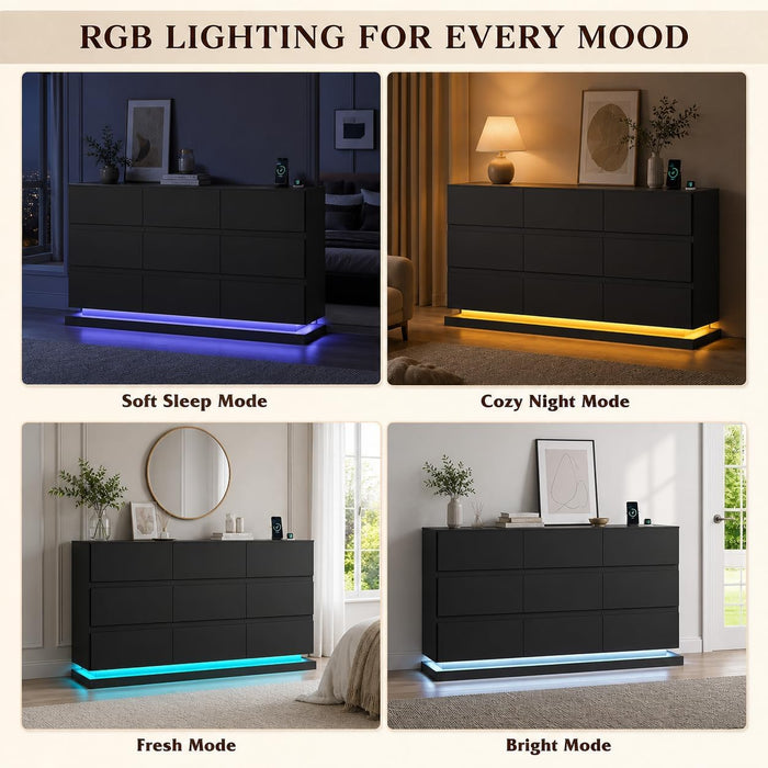 9 Drawer Dresser with LED Light, Dresser with Charging Station
