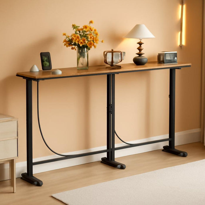 2 Pack Adjustable Height Narrow Console Table with Power Outlets, 90" Long Sofa Table with Charging Station behind Couch Table Entryway Table for Living Room and Hallway – Rustic Brown