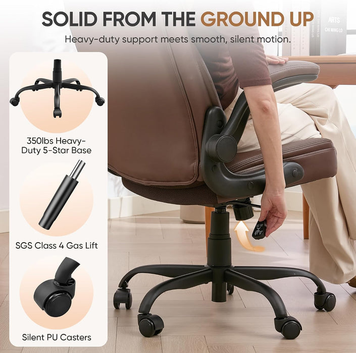 Home Office Chair with Lumbar Support, 5" Thickened Seat, Small PU Leather Rocking Desk Chair, Comfy Computer Chairs with Rolling Wheels & Adjustable Armrests for Adults, Brown