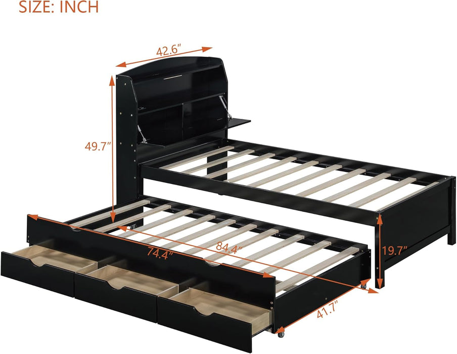 Twin Size Wooden Platform Bed with Trundle & LED Storage Headboard - 3 Drawers, Wood Twin Captain Bed with USB Outlets and Hidden Flip-Up Compartment for Kids Teens Boys Girls (Espresso)