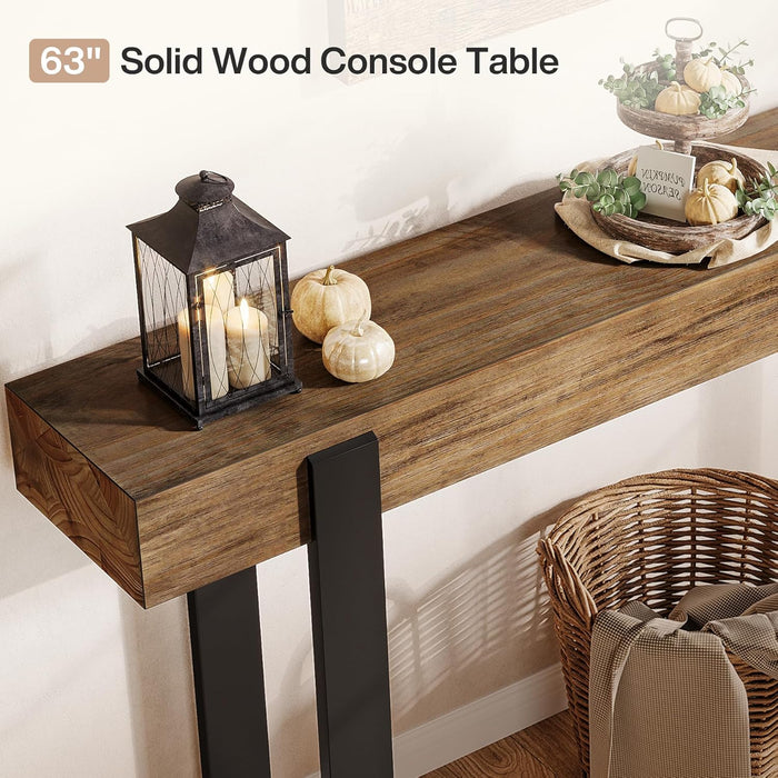 63-Inch Long Console Table, Solid Wood Sofa Table behind the Couch with Metal Support, Farmhouse Entryway Furniture for Entrance, Hallway, Living Room, Rustic Brown & Black