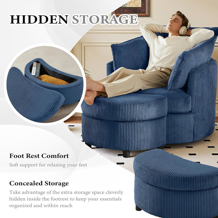 Swivel Accent Chair,Comfy Reading Chairs for Bedroom,Modern Corduroy Arm Chair with Ottoman,360°Swivel Barrel Chairs for Living Room,Apartment (Blue, 1)