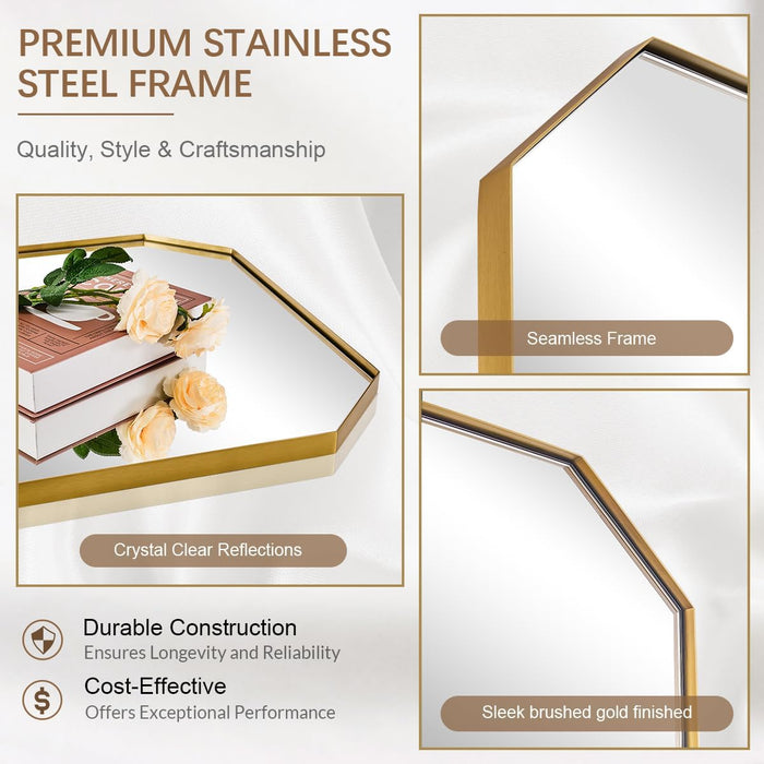 Gold Octagon Bathroom Mirror, 24X36 Inch Stainless Steel Metal Frame, Anti-Rust, Shatterproof HD Glass, Wall Mounted for Bathroom, Bedroom, Living Room